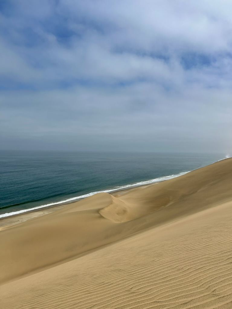Desert dunes meeting the Atlantic at Sandwich Harbour, Namibia